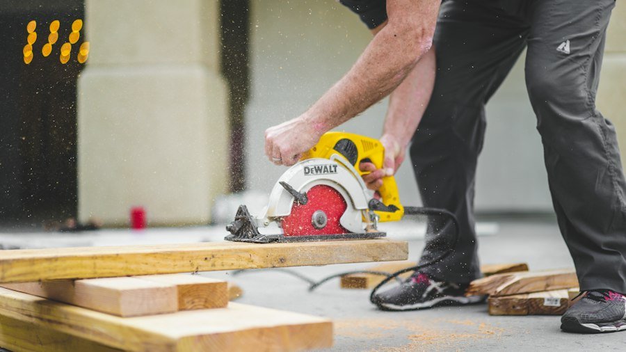 Cutting a wood plank with a circular saw